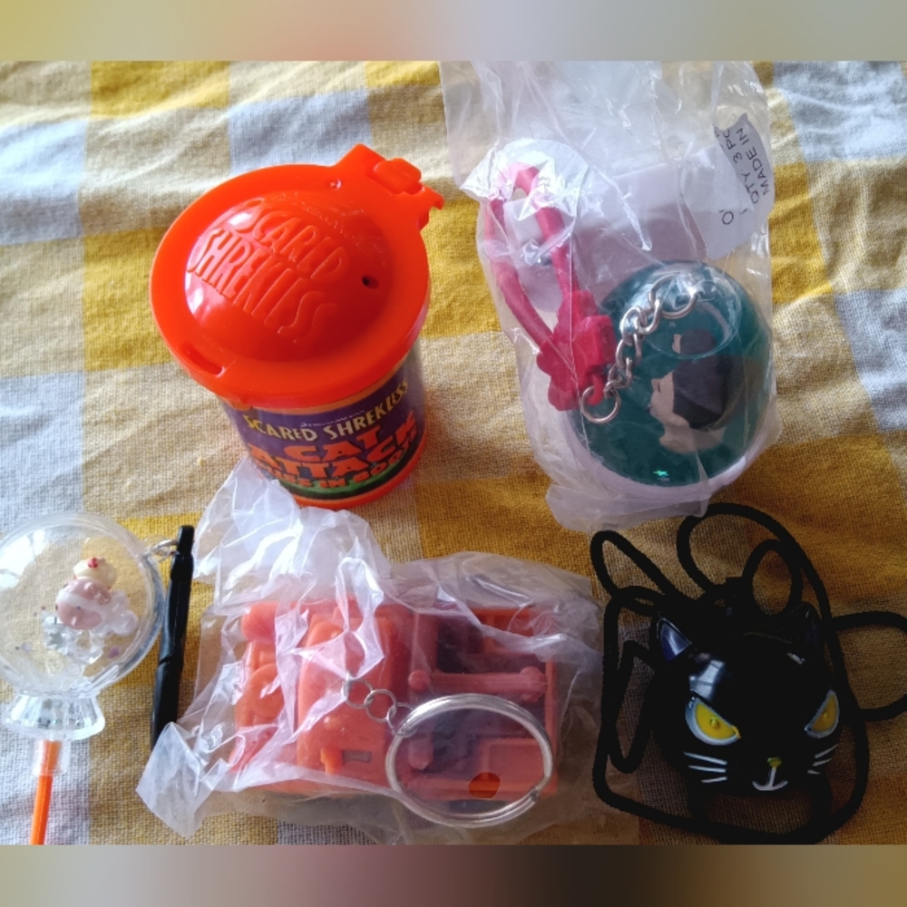 Vintage Novelty Keychain Lot with Orange Capsule & Black Cat